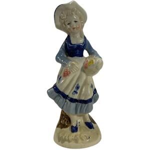 Ceramic Figurine of a Girl in a Blue & White Dress with a Basket of Flowers